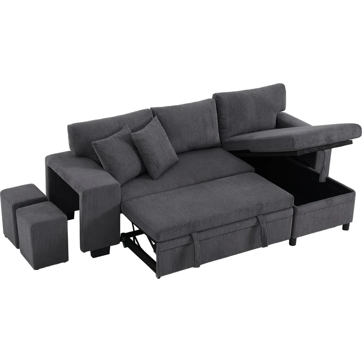 Merax Klappsofa mit Schlaffunktion, L-förmiges umbaubares Ecksofa mit USB-Ladeanschluss und Kissen, 3-Sitzer-Umbausofa mit Seitenablagen und Stauraum, Grau – Bild 10
