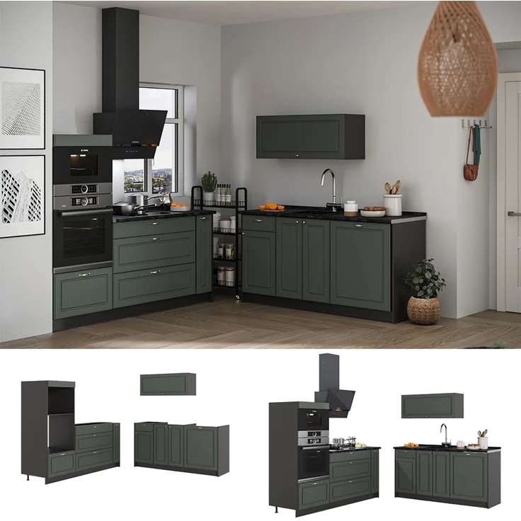 Küchenzeile Fame-Line Grün-Gold Landhaus/Anthrazit 340 cm ohne Arbeitsplatte Vicco – Bild 4
