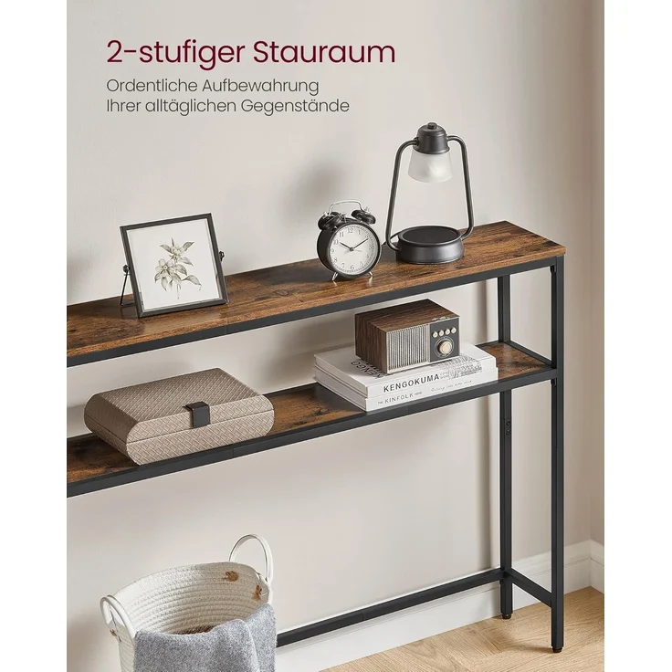 VASAGLE Konsolentisch, schmaler Sofatisch mit 2 Ablagen, 20 x 100 x 80 cm, Flurtisch, 2 Ebenen, für Flur, Wohnzimmer, Schlafzimmer, vintagebraun-tintenschwarz LNT131K01 – Bild 5