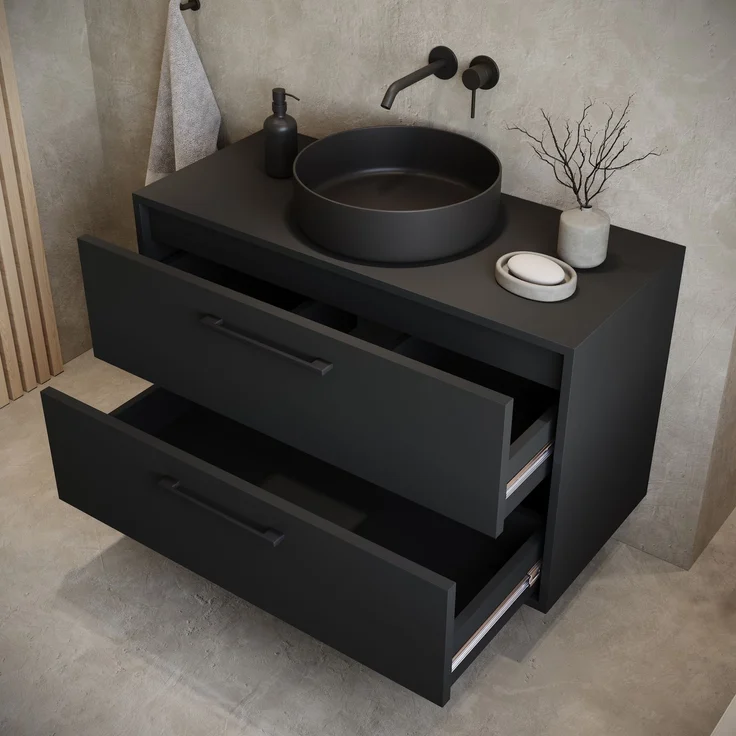 Badplaats Waschtischunterschrank Florence 80 x 46 cm – Matt Schwarz – Hängender Unterschrank mit 2 Schubladen und schwarzen Griffen – Bild 3