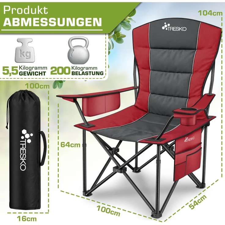 TRESKO® Campingstuhl Faltbar bis 200kg | Faltstuhl mit Kühltasche, Getränkehalter & Seitentasche | Klappstuhl XXL inkl. Tragetasche | Angelstuhl gepolstert für Outdoor, Angeln, Festival & Garten – Bild 2