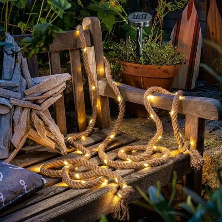 esotec LED-Lichterkette Beleuchtetes Juteseil außen 4,5m LED-Kette +2m Zuleitung 3000K 102164, Solarbetrieb ohne Stromanschluss, Dauer- oder Blinklicht, winterfest – Bild 4