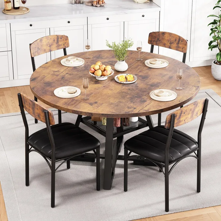 Jocoevol Runder Esstisch und 4 Esszimmerstühle Set, Essgruppe 5-Teilig, Esszimmertisch mit Ablage und 4 stühle, platzsparender Küchentisch aus Holz im Industrial Design (Vintage Braun, 107 x 107 x 76 cm)