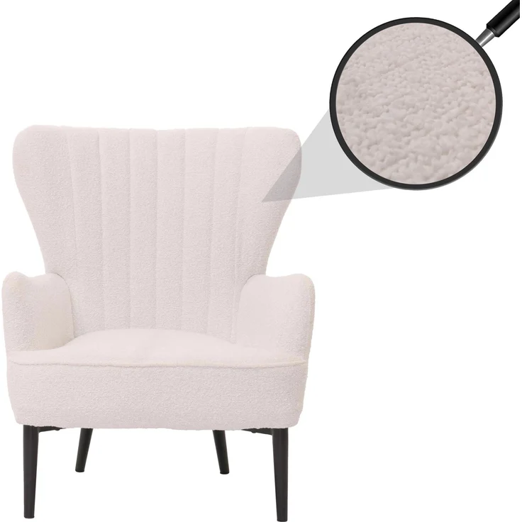 Lounge-Sessel HWC-K37, Cocktail-/Ohrensessel Polsterstuhl Retro Vintage Stoff Bouclé (600g/m²) ~ weiß – Bild 1