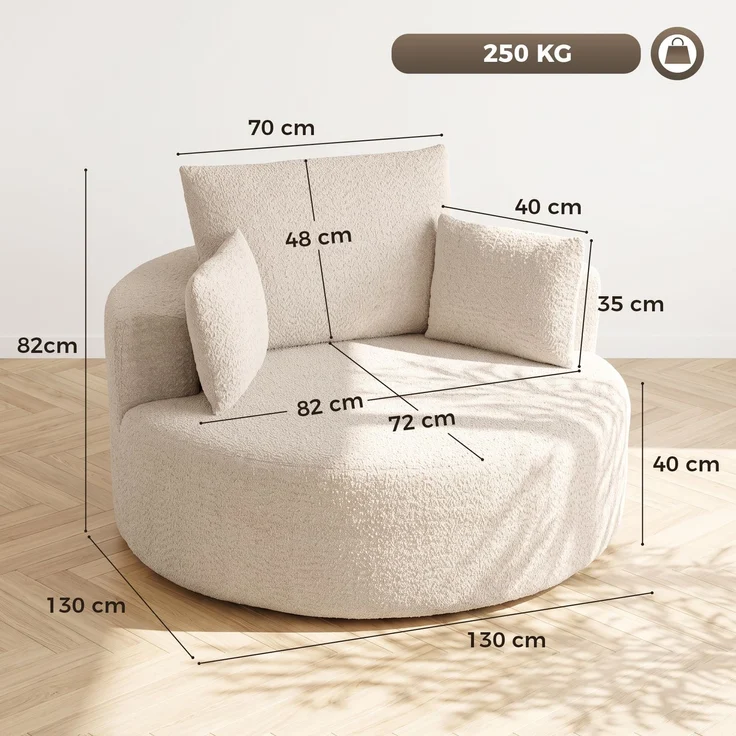 Runder Chenille-Sitzsack, große Sitzfläche, 2 Kissen, 1 Rückenlehne, 1 Nackenrolle, Belastbarkeit 250 kg, 130 x 130 x 82 cm, Creme – Bild 5