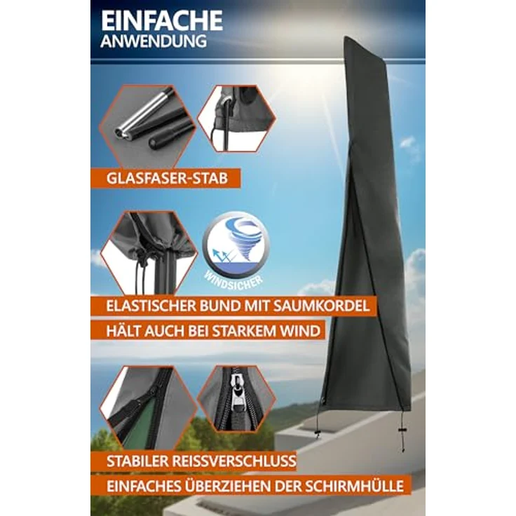 4smile Sonnenschirm Schutzhülle - Schutzhülle für Sonnenschirm Ø 300 cm / 250x150 cm - Wetterfeste Sonnenschirmhülle, Schirmhülle mit Stab, Reißverschluss, Polyester Abdeckung Sonnenschirm – Bild 7