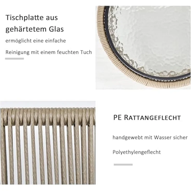 Outsunny Gartenlounge-Set Rattan Gartenmöbel-Set mit 2 Gartenstühle, Beistelltisch, (Sitzgruppe, 3-tlg, Gartengarnitur), für Balkon, Stahl, Grau – Bild 4