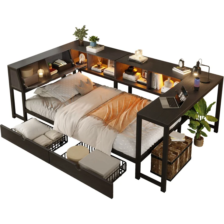 U-life Metallbett 90x200 cm, für Jugendliche, LED-Beleuchtung, Schreibtisch & Schubladen, Multifunktionales bett, MDF, Schwarz – Bild 5