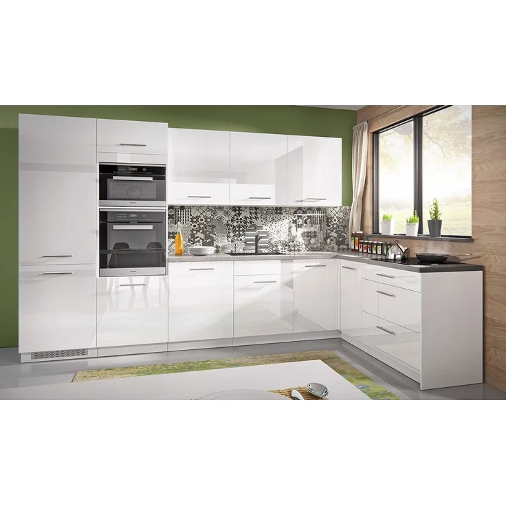L-Form Küchenzeile Essen Trend Einbauküche 345x188cm perlweiß Front weiß Acryl Hochglanz