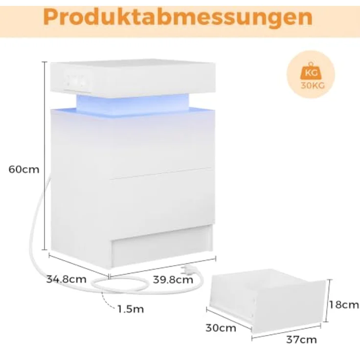 IRONCK Nachttisch 2er Set, Nachtschrank mit LED-Beleuchtung | Beistelltisch mit Ladefunktion, Steckdosen, USB & USB-C, 2 Schubladen, Kommode für Schlafzimmer Wohnzimmer, 35×40×60 cm, Weiß – Bild 3