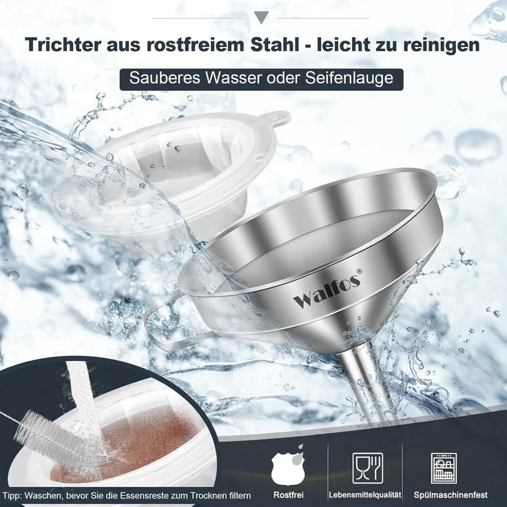Walfos Edelstahl Trichter mit 2 Sieben & Reinigungsbürste 200 Mesh 13 cm – Bild 7