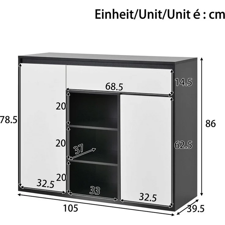 BlingBin Schuhschrank Schuhkipper Schuhkommode Schuhregal (für Flur,Diele,Bietet Platz für 12–17 Paar Schuhe, 1-St, mit zwei Türen und einer Schublade mit verstellbarem Schuhregal) LED,105x39,5x86cm,schwarz-weiß modern – Bild 2