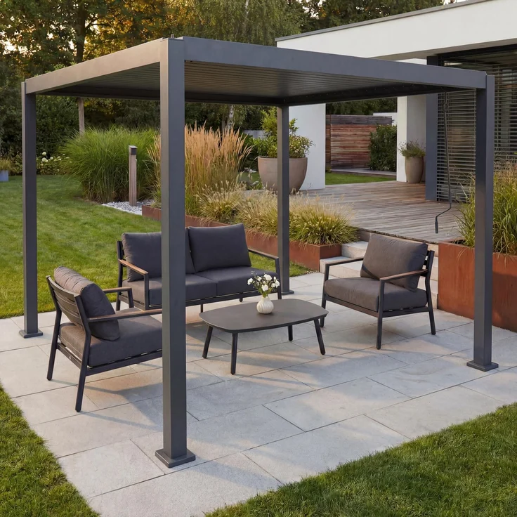 Pergola HWC-P65, Terrassenüberdachung Gartenpavillon Lamellen-Pavillon, 10cm-Aluminium-Gestell 3x3m ~ anthrazit – Bild 1