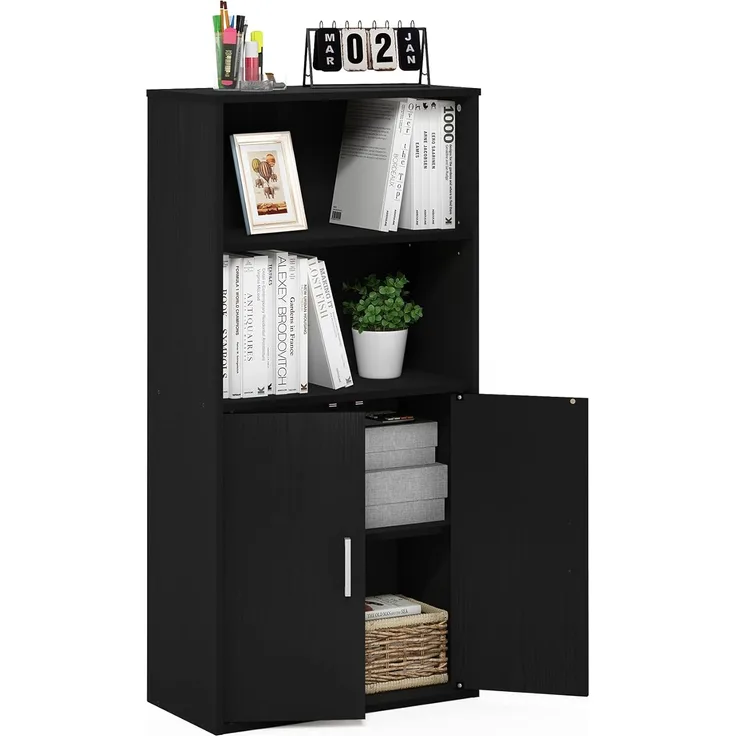 Furinno Pasir Bücherregal mit 2 Offenen Einlegeböden und 2 Türen, Schwarze Eiche
