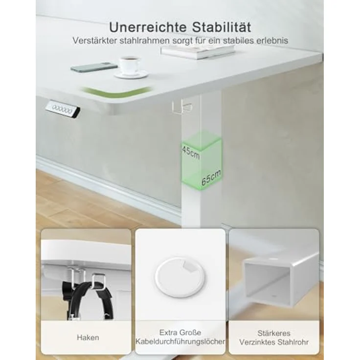 JUMMICO Höhenverstellbarer Schreibtisch mit USB-Ladeanschluss 110x53 cm, Schreibtisch Höhenverstellbar Elektrisch, Steh-Sitz Tisch Stehpult Verstellbarer Computertisch,Standing Desk, Weiß – Bild 4