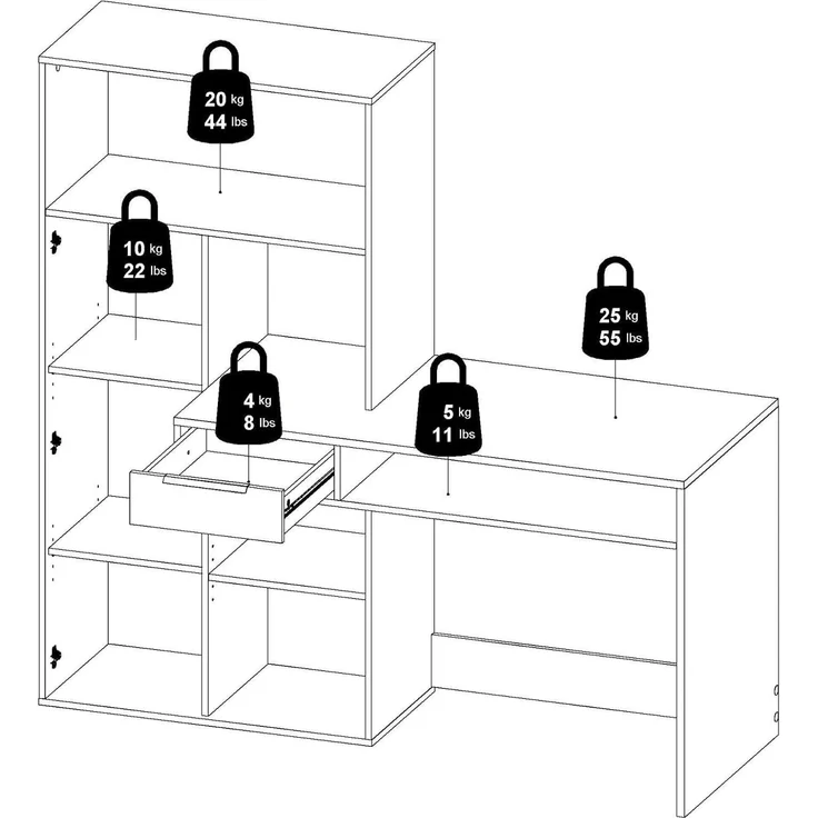 Dmora - Multifunktionsschreibtisch mit Bücherregal, Schublade und Tür, Farbe Weiß und Eiche, 162 x 155 x 60 cm – Bild 7