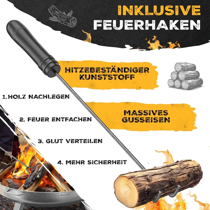 KESSER® Feuerschale mit 2,5 mm Stahldicke Feuerkorb aus Edelstahl / Stahl inklusive 42cm Feuerhaken aus Gusseisen, Wasserablauf & 2 stabile Griffe für Holz & Kohle Feuerstelle für Garten & Terrasse Ø 80 cm, Edelstahl – Bild 5