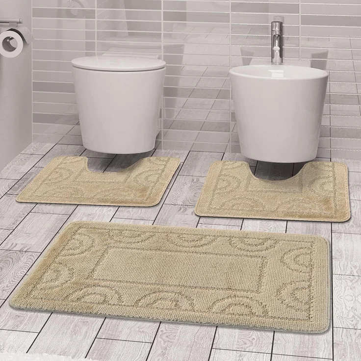 Comart, Nicole Badezimmerteppich, 3-teiliges Set, schnelltrocknend, rutschfeste Unterseite aus Latex, einfarbig, Duschvorleger und Badewanne, für WC und Bidet, maschinenwaschbar, Beige – Bild 1