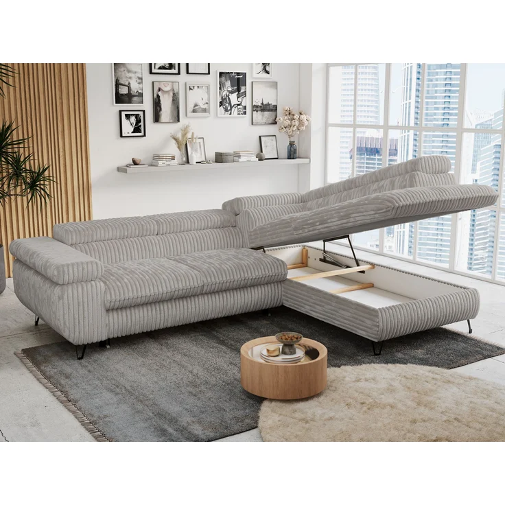 Mks Möbel 'Peter L-form' Ecksofa mit Bettfunktion, Bettkasten & einstellbaren Kopfstützen, Hellgrau, Cord, Jamit Topper rechts – Bild 3