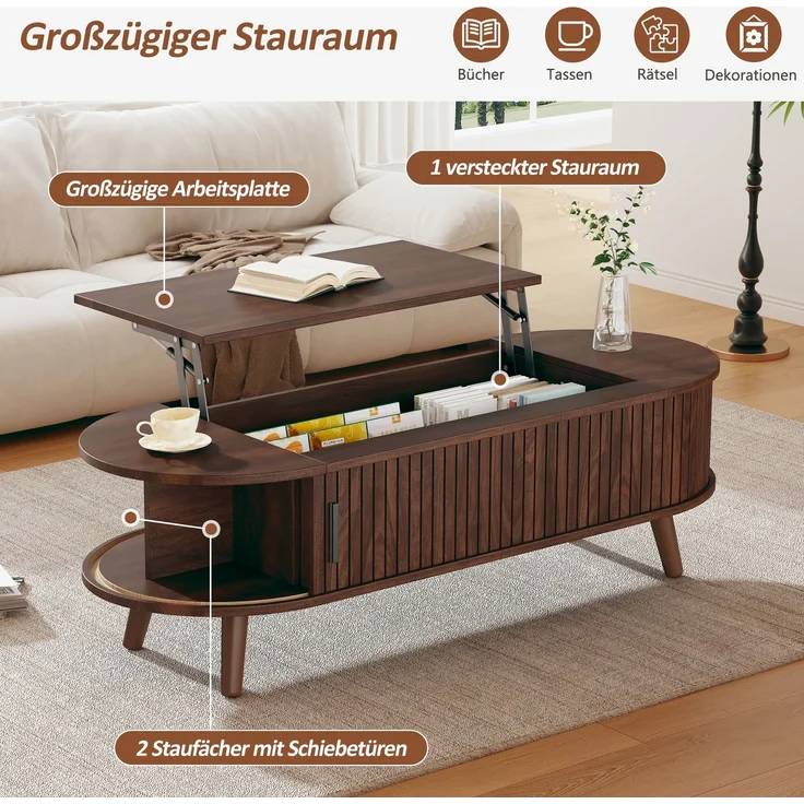 Couchtisch 120x50x39,5 cm, höhenverstellbar, mit verstecktem Stauraum, Nussbaum, MDF – Bild 8
