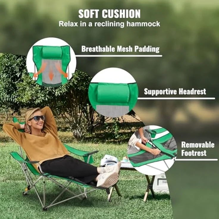 VEVOR Campingstuhl 150 kg, Campingliege, 4-Fach belastbarer Gartenstuhl mit Fußstütze, Getränkehalter, Seitentasche und Kopfstütze, Klappstuhl für Camping, Angeln und Outdoor-Aktivitäten, Grün – Bild 6