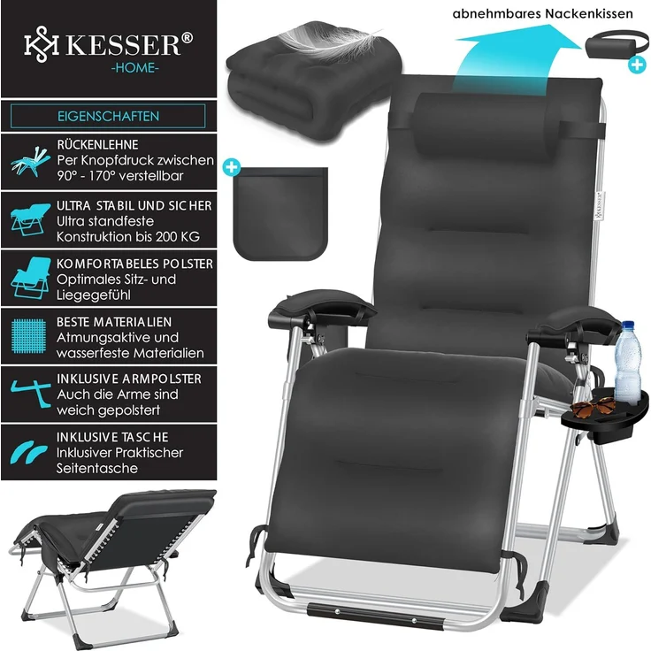 KESSER® Sonnenliege Liegestuhl, klappbare Gartenliege extra breit & Wetterfest, Belastbar 200kg, Ergonomisches Polster, verstellbare Rückenlehne inkl. Nackenkissen, Getränkehalter & Armpolster Anthrazit, Liege (Basic) – Bild 3