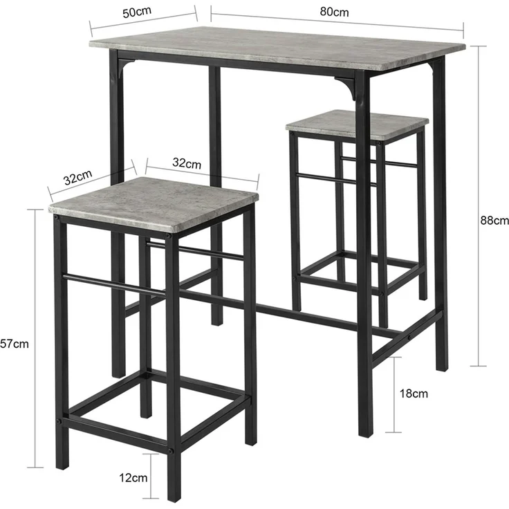 SoBuy OGT10-HG Bartisch-Set mit 2 Hockern, MDF, PVC-Furnier, Grau, 80 x 88 x 50 cm – Bild 3