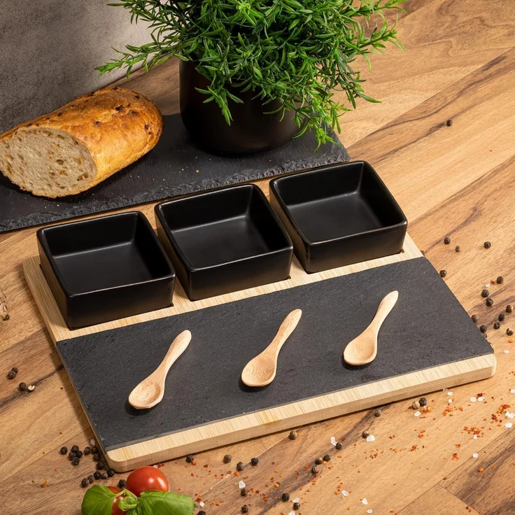 Moritz & Moritz Servierschale Schalen Set, Schiefer, Bambus, Keramik, (Set, 8-tlg), als Tapas Schalen und Dip Schälchen – Bild 3