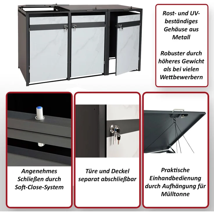 3er Mülltonnenverkleidung HWC-J82, Mülltonnenbox, erweiterbar, Metall 80kg, anthrazit ~ Kirsche-Holzoptik dunkelbraun – Bild 2