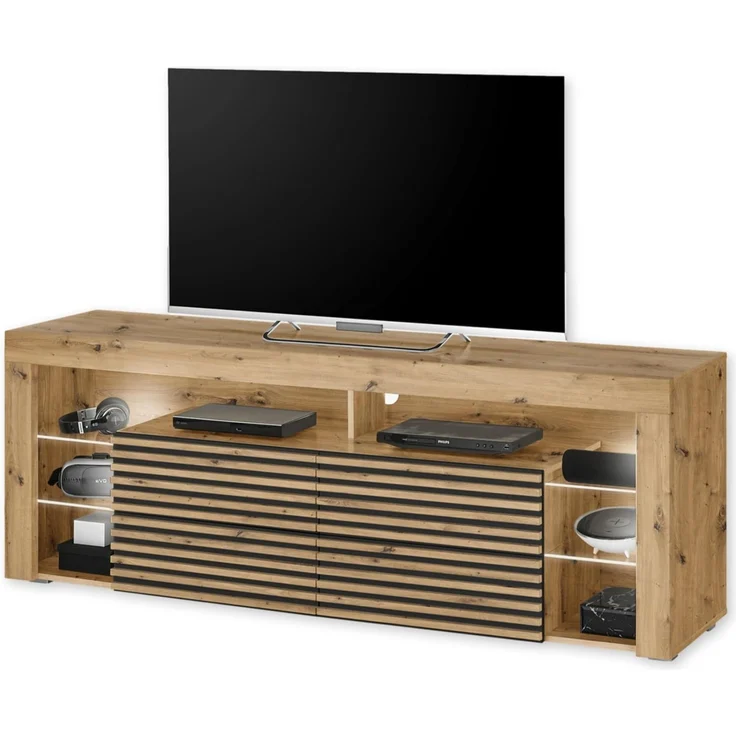 GOAL 2 TV-Lowboard mit LED-Beleuchtung in Artisan Eiche Optik, Schwarz - TV Schrank mit viel Stauraum für Ihr Wohnzimmer - 179 x 67 x 44 cm (B/H/T)