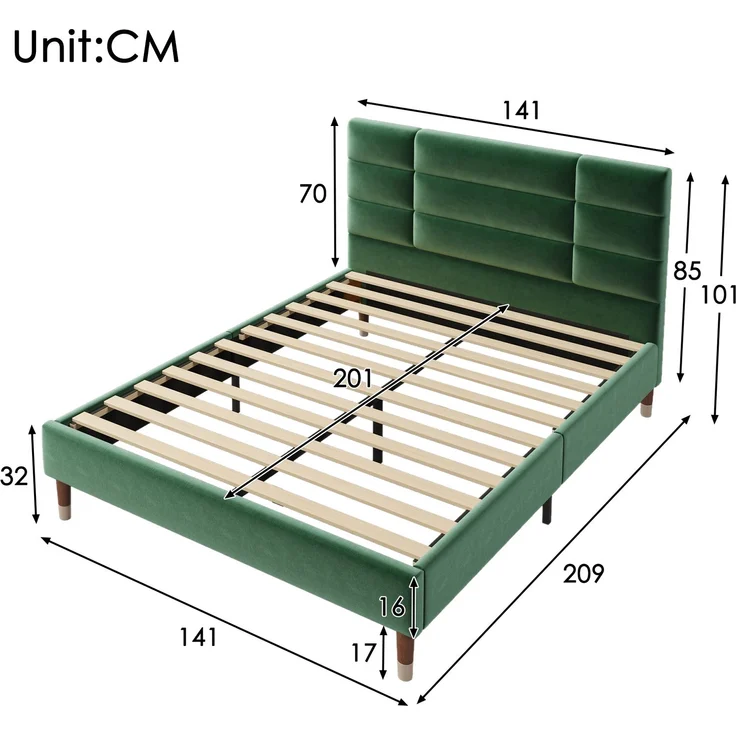 Polsterbett 140x200 mit hohem Kopfteil, Stauraum unter dem Bett, Leinenbezug, stabiles Doppelbett für Schlafzimme,Grün,mit matratze – Bild 8