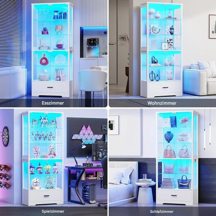 Glasvitrine 75x35x179.5 cm, 5-stöckige Vitrine mit Schublade, LED-Beleuchtung und Sensor, Weiß – Bild 6