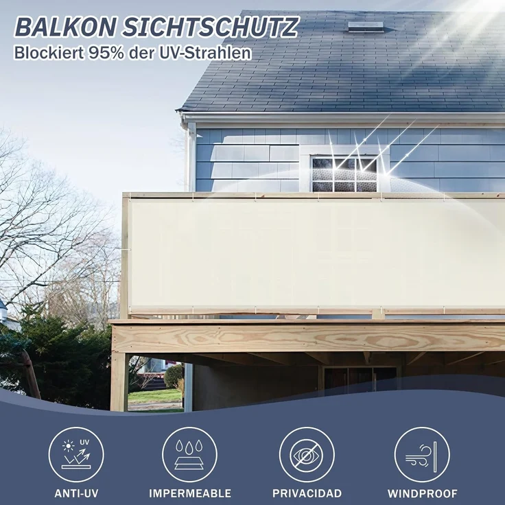 HENG FENG Balkon Sichtschutz 90x400 cm,160g/㎡ PES UV-Schutz Balkonverkleidung, Balkonabdeckung Wetterfest, mit Kabelbindern, Cremeweiß – Bild 3
