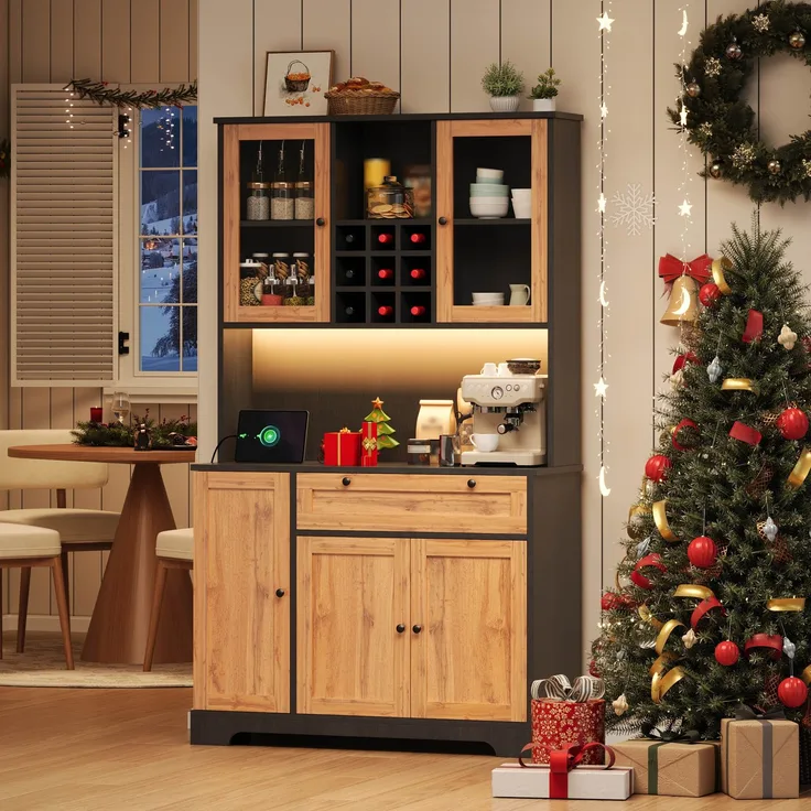 Merax Küchenschrank mit farbwechselnder LED-Beleuchtung und Steckdose, verstellbaren Einlegeböden, Natur, 180x105x40 cm