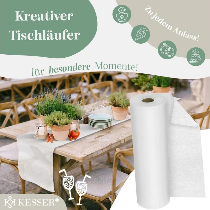 KESSER® Vlies Tischläufer Modern 30cm x 25m | Tischdekoration für Hochzeiten, Geburtstage, Taufen, Einschulung & Allen Feierlichkeiten | Tischband abwaschbar, wasserabweisend & wetterfest Weiß, 30cm x 25m – Bild 3
