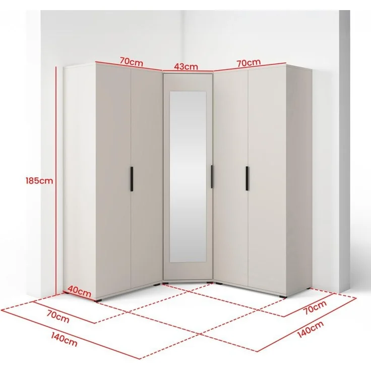 Eckschrank Napoli Version 9, Kleiderschrank mit Spiegel, Cashmere, 185 x 140 x 140 cm – Bild 2