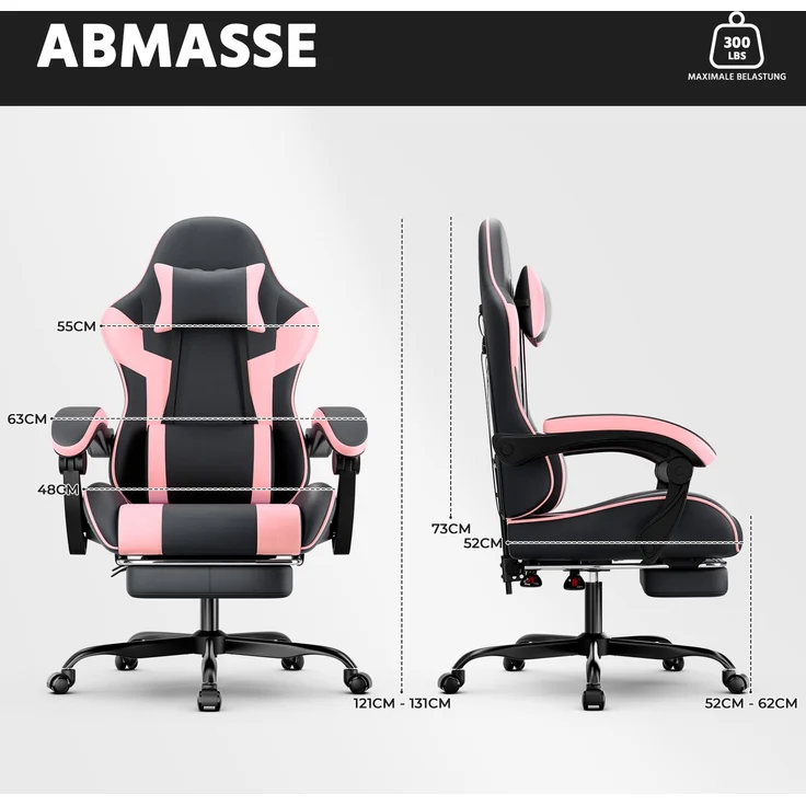 Gaming-Stuhl, PVC-Leder, ergonomisch, mit verstellbarer Rückenlehne & Fußstütze, 58,5x63x120,5 cm, Schwarz+Rosa – Bild 7