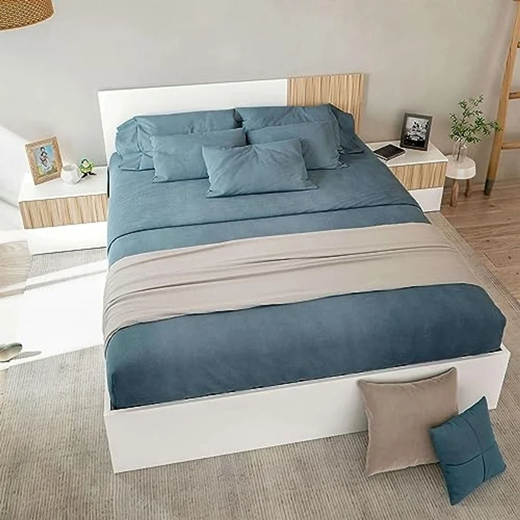 Habitdesign, modernes Kopfteil mit 2 Nachttischen – Schlafzimmer-Set in Artik weiß & Naturholz, wendbares Kopfteil, viel Stauraum, Maße: 266 x 91 x 34 cm (B x H x T), Modell Ethna – Bild 5