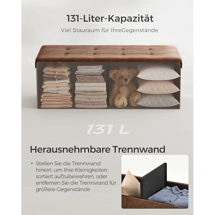 Songmics 110 cm Sitzbank mit Stauraum, Sitztruhe, Aufbewahrungsbox, Fußhocker, faltbar, gepolstert, Bezug aus PU, bis 300 kg belastbar, kaffeebraun LSF070K01V1 – Bild 7
