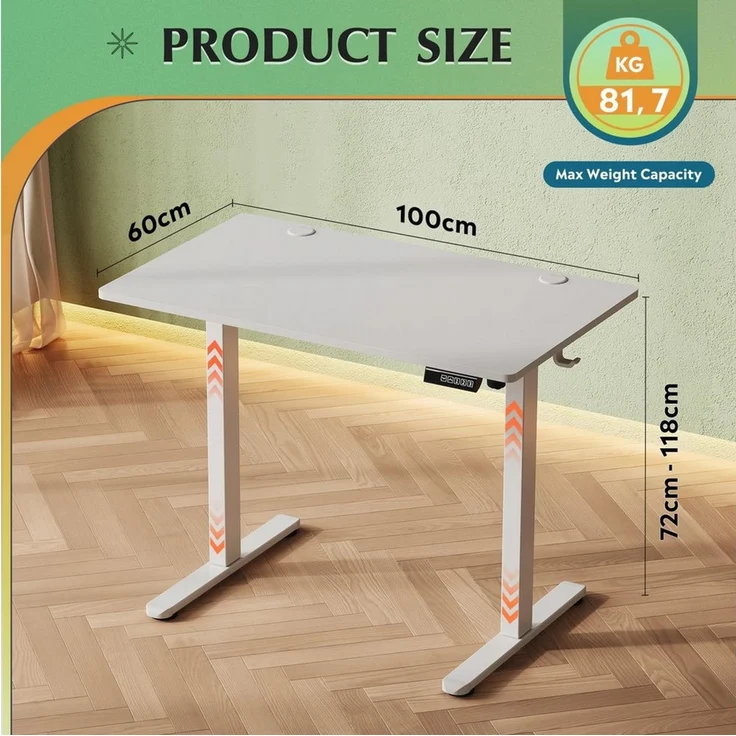 DEVAISE Schreibtisch Höhenverstellbarer Schreibtisch elektrisch 100×60 cm (Höhenverstellung 72–118 cm, Memory-Funktion für 3 Höhen, leise – Bild 3