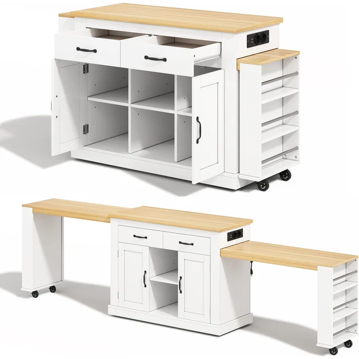 Merax 340cm Kücheninsel mit zwei ausziehbaren Arbeitsflächen,stilvolle mobile Insel,verstellbare Regalböden,2x220V-Steckdosen,2xUSB-Anschlüsse, Weiß – Bild 9