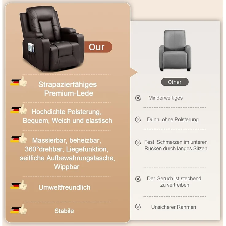 COMHOMA Massagesessel Relaxsessel Fernsehsessel Aufstehhilfe für ältere Menschen, mit Relaxfunktion – Bild 8