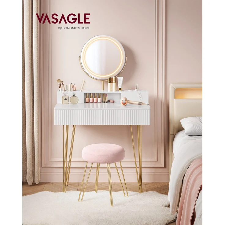 Vasagle Schminktisch, mit Hocker und Beleuchtung, Steckdosenleiste, Spiegel, mit Schubladen, gepolsterter Sitzhocker, Holz mattweiß-blassgold, 40 x 80 x 134,8 cm – Bild 1
