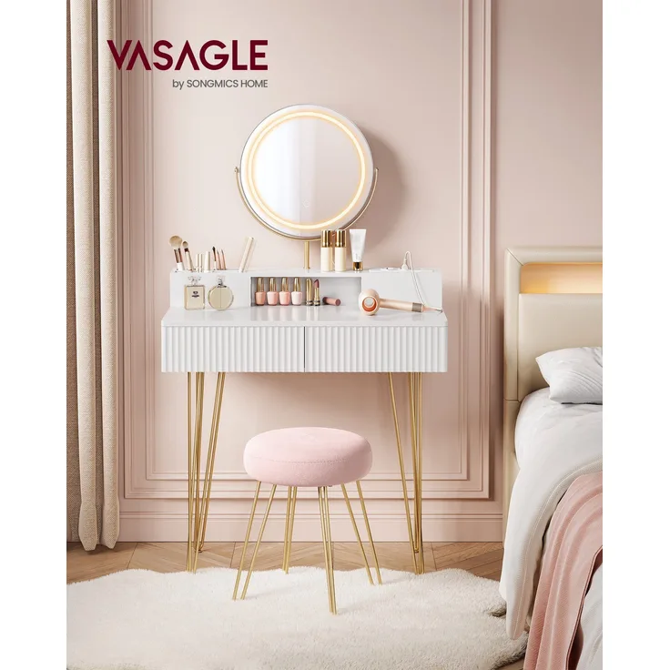Vasagle Schminktisch, mit Hocker und Beleuchtung, Steckdosenleiste, Spiegel, mit Schubladen, gepolsterter Sitzhocker, Holz mattweiß-blassgold, 40 x 80 x 134,8 cm