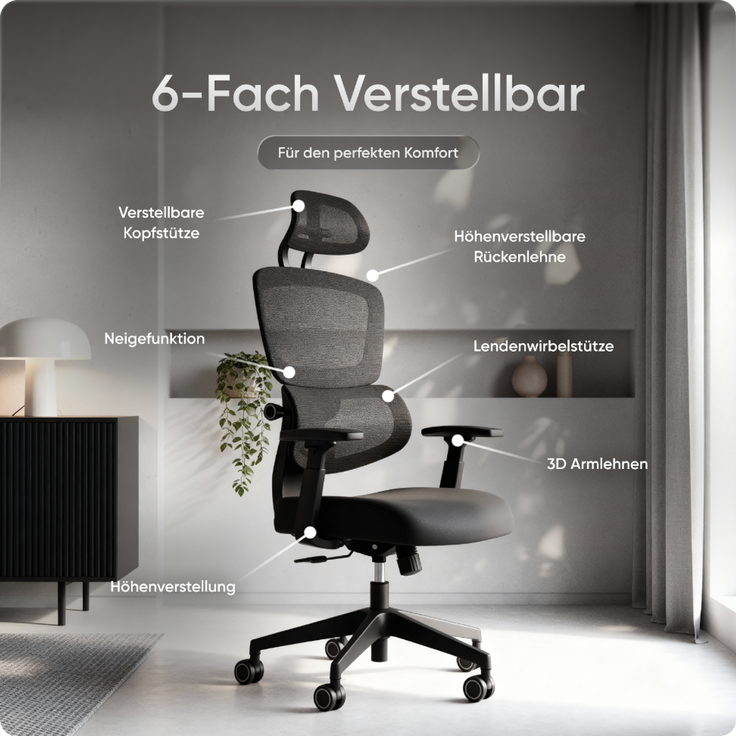 DESKSPACE Move - Premium Ergonomischer Bürostuhl, Höhenverstellbare Rückenlehne - Schwarz – Bild 3