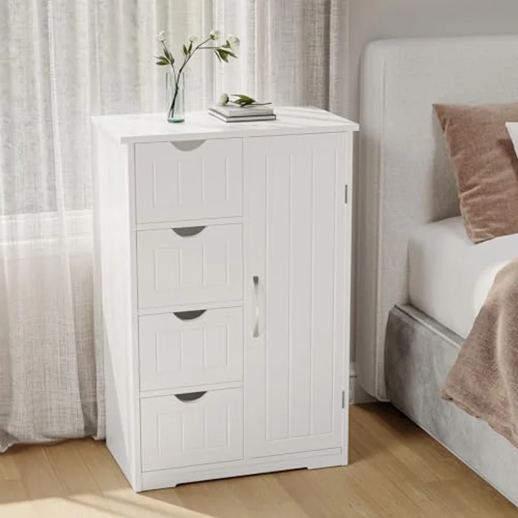 Sweetcrispy Badezimmerschrank 24 Inches Hoch Modern, mit 4 Schubladen & 1 Tür, Hochglanz Weiß mit Einboden & Großem Stauraum, Schmale Badkommode, Badezimmer Kommode – Bild 11