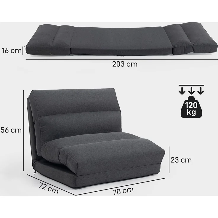 Wohnora-Sitzsack mit Bettfunktion, neigbare Lehne, klappbar, bis 120kg, 70 x 72 x 56 cm, Dunkelgrau,H 56cm x T 70cm x B 72cm – Bild 5