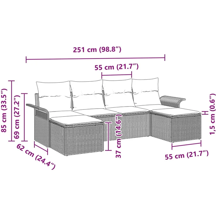 vidaXL Gartensofa-set mit Kissen 6 pcs Braun Poly-Rattan 3345474 – Bild 11