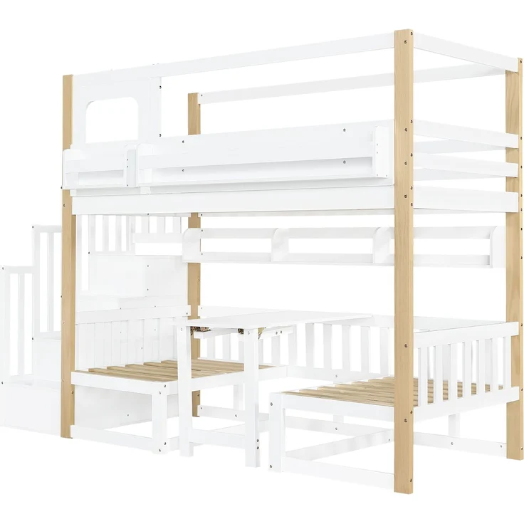 Merax Etagenbett, 90x200cm Kinderbett, Multifunktionaler höhenverstellbarer Tisch, mit einem kleinen Bücherregal am Bettrand, Stabile Aufbewahrungstreppe, Weiß+Natur – Bild 8