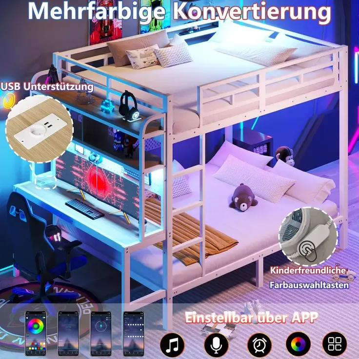 Etagenbett mit RGB LED-Lichterkette, Steckdose, USB, Schreibtisch, Leiter, Regal, Rausfallschutz und Lattenrost, 140x200cm, Metallbett, Kinderbett – Bild 4